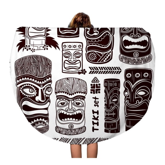 KDAGR 60 inch Round Beach Towel Blanket Mask Vintage Aloha Tiki Hawaii Tropical Bar Sign Sketch Travel Circle Circular Towels Mat Tapestry Beach Throw