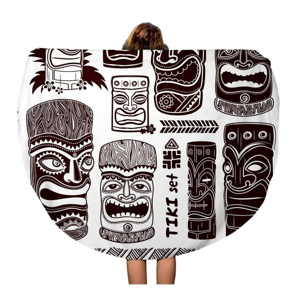 POGLIP 60 inch Round Beach Towel Blanket Mask Vintage Aloha Tiki Hawaii Tropical Bar Sign Sketch Travel Circle Circular Towels Mat Tapestry Beach Throw