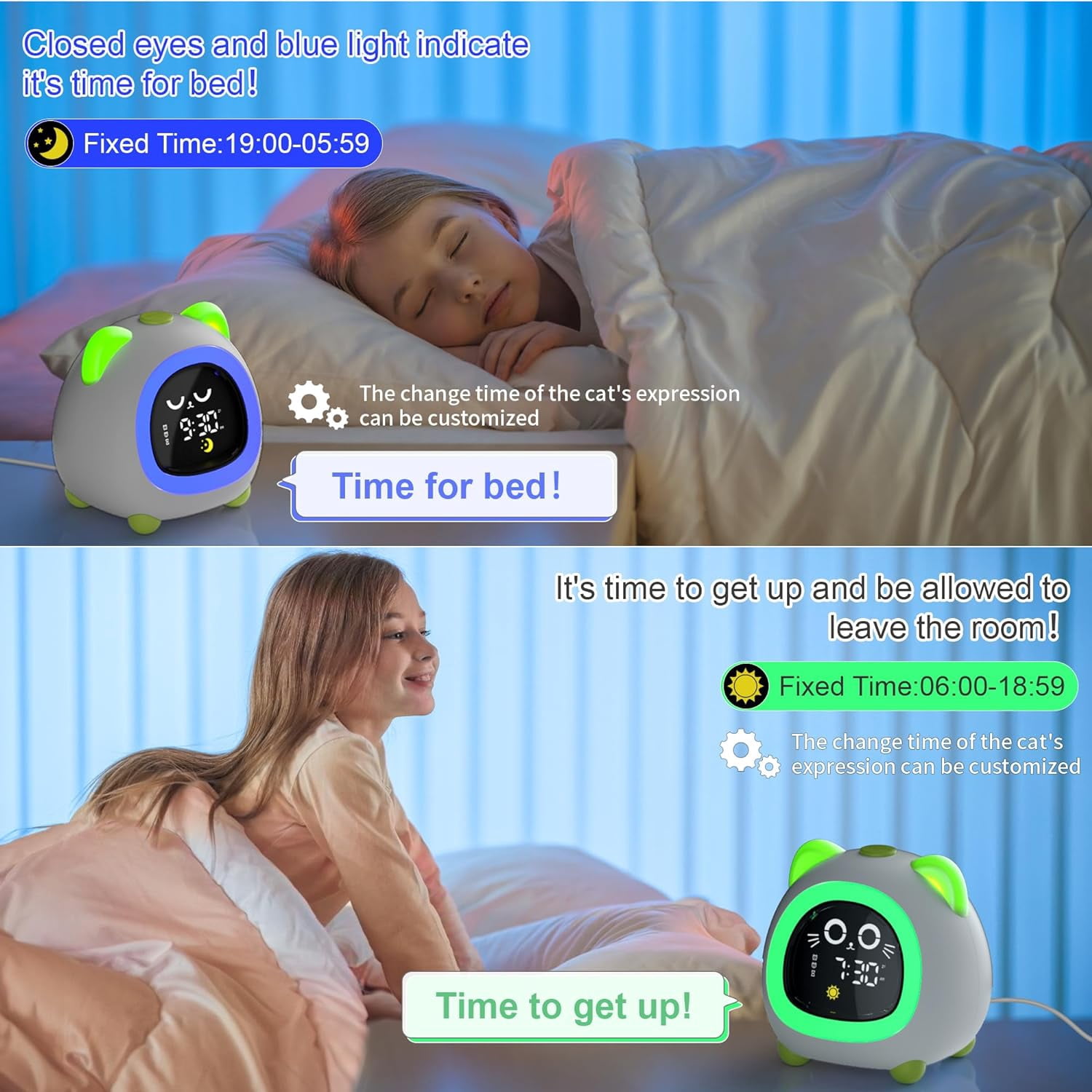 Sailstar OK to Wake Clock with Snooze Mode and 6 Colors Night Light, Cat Kids Alarm Clock for Boys and Girls
