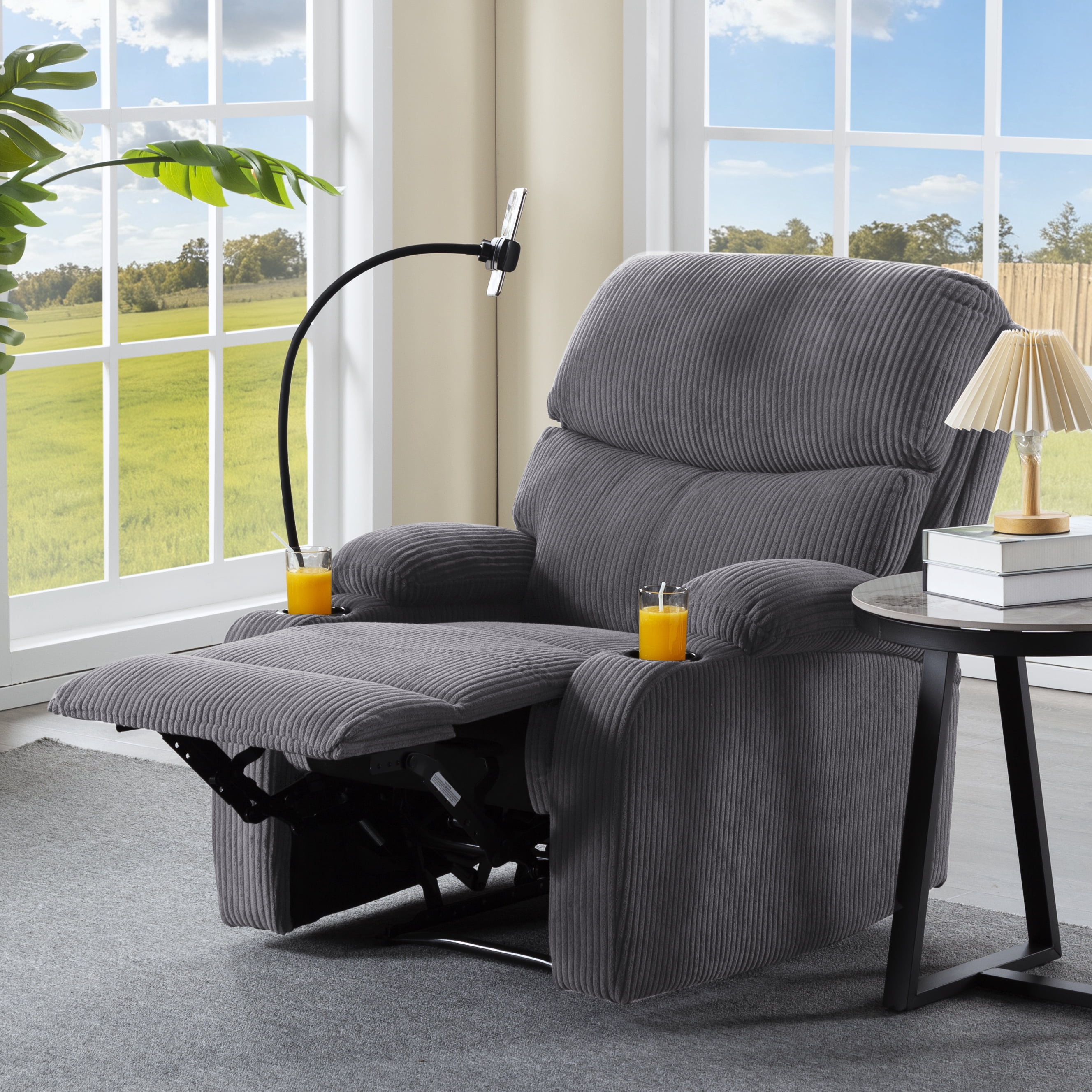 Gewnee Manual Reclining Chair,Corduroy Modern Overstuffed Recliner with Cup Holders & Phone Holder,Single Sofa for Living Room and Bedroom.Light Grey