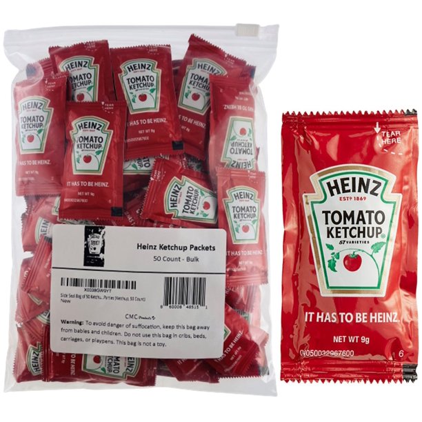 Slide Seal Bag of 50 Heinz 9g Ketchup Condiment Packs Ketchup w