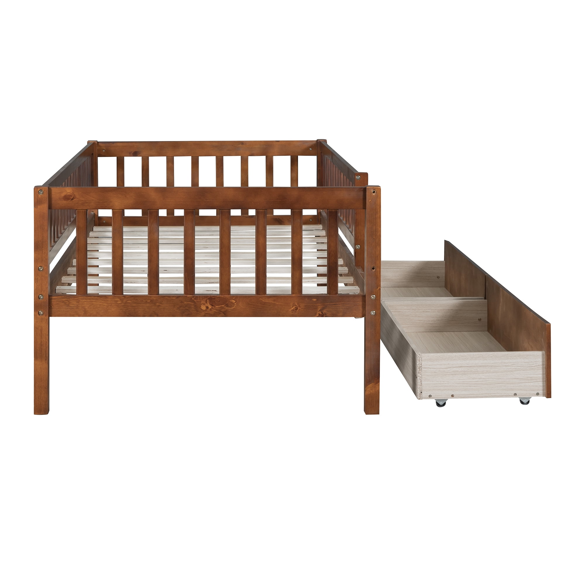 Holaki Twin Size Wood Bed with Guardrails and 2 Storage Drawers for Kids, Walnut