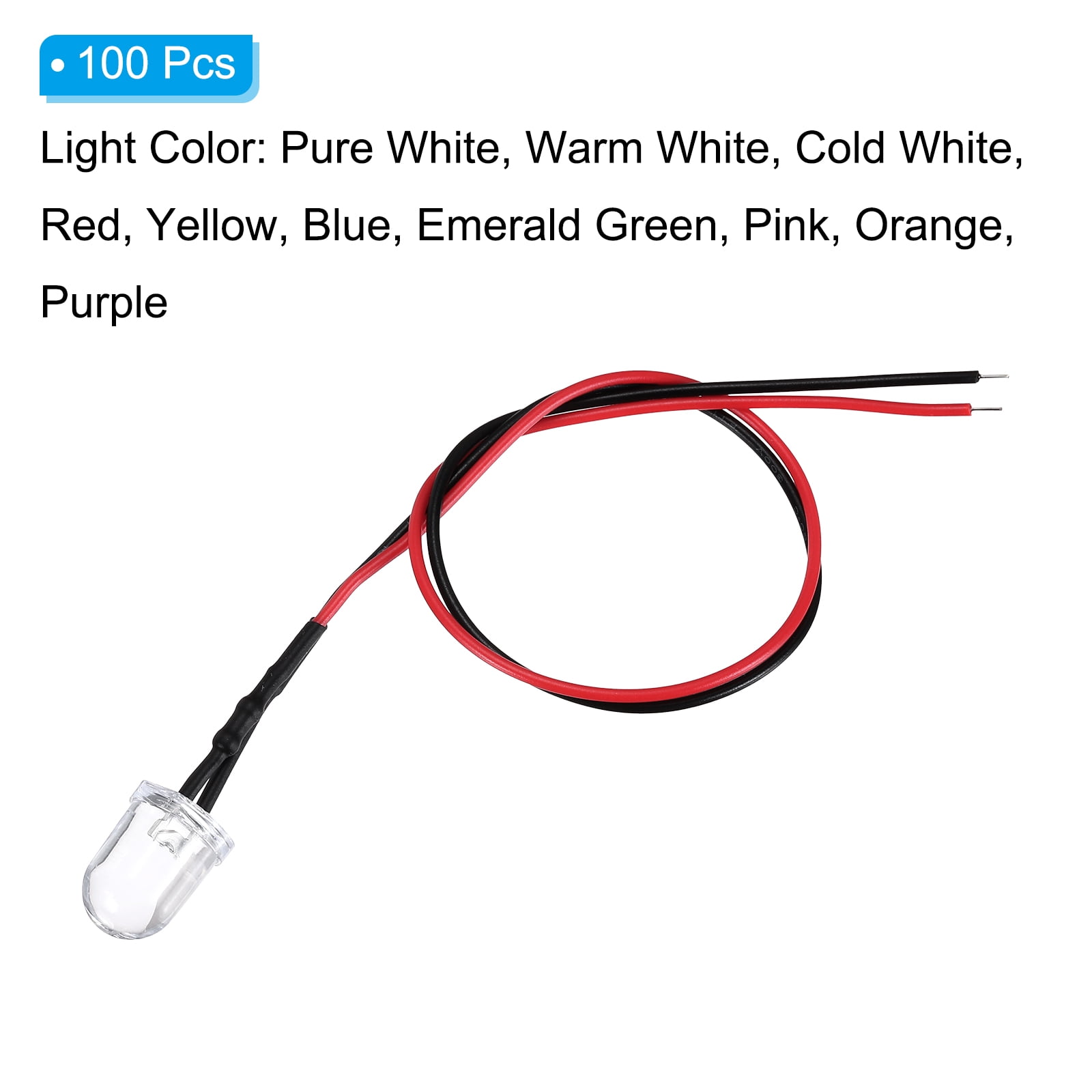 Uxcell 10mm LED Diode Light, 100 Pcs 24V DC Pre Wired Mini LED Lights Bulb Light-emitting Lamp for RC DIY Indicator Lighting, Assorted Color (10 PCS/Color) Light