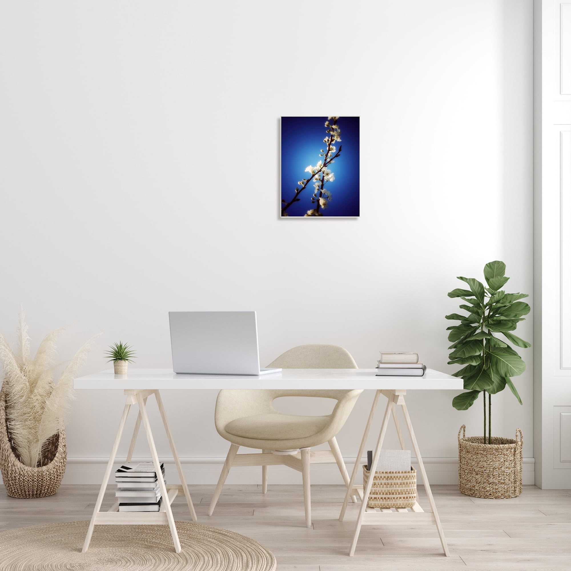 Stupell Industries White Tree Blossom Florals Over Deep Indigo Blue Botanical & Floral Painting Unframed Art Print Wall Art, 13 x 19
