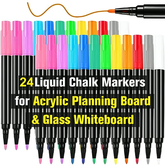 CCOCC 24 Liquid Chalk Markers in 12 Colors for Acrylic Calendar Planning Boards Glass Dry Erase Board Whiteboard Wet Erase Markers for Window Mirror,1mm Fine Points,for Glass Window Painting