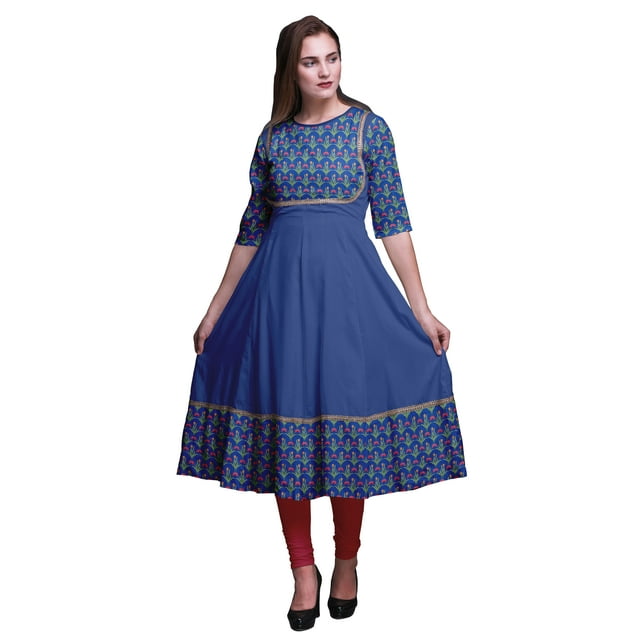 Bimba Robe Anarkali Bleue à Feuilles Florales et Tulipes Longue Tenue Ethnique Indienne pour Femmes Maxi Kurta Kurti Ethnique Moyen