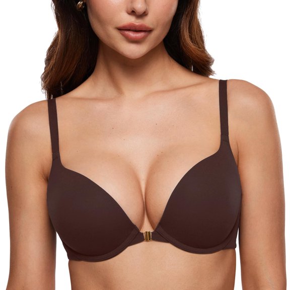 Women's Push Up Bra Front Closure Bras Supportive Tshirt Demi Plunge Underwire Bra, 36
