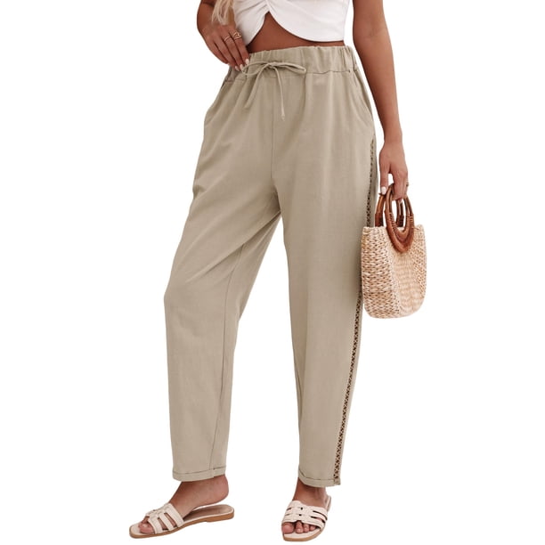 Pantalones de con Cordón Ajustable para Mujer, Pantalones de Playa de Verano con Cintura Elástica. Caqui S