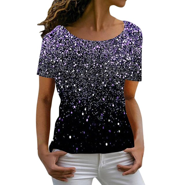 Prolriy Hauts d'Été pour Femmes 2025 T-Shirt Décontracté à Manches Courtes Col Rond Imprimé Cristal Brillant Printemps pour Femmes Violet m
