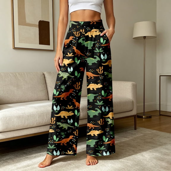 Womens Pants High Waist Ruched Dinosaur Print Trousers Fashion Casual Long Womens Pants Black L