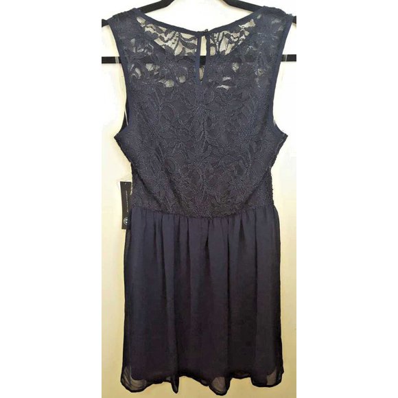 As U Wish Striped Sleeveless Lace Short Dress (Navy, Large)