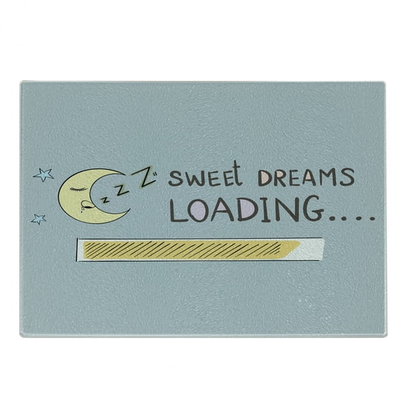 Saying Cutting Board, Dreams Loading Concept with Progress Bar Design and Funny Moon Asleep, Decorative Tempered Glass Cutting and Serving Board, Small Size, Multicolor, by Ambesonne