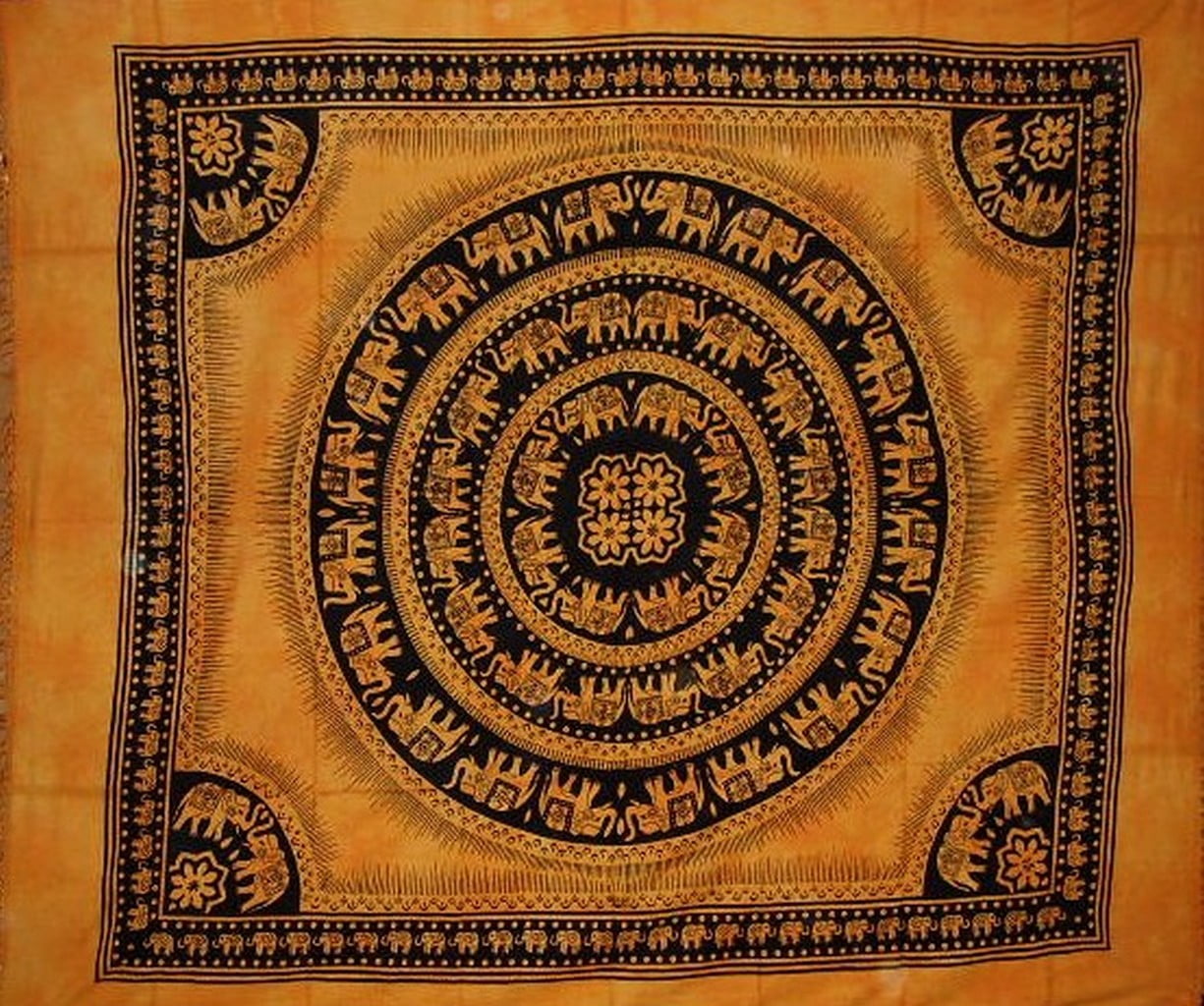 Mandala Elephant Tapestry Cotton Bedspread 92" x 82" Full Saffron by India Arts