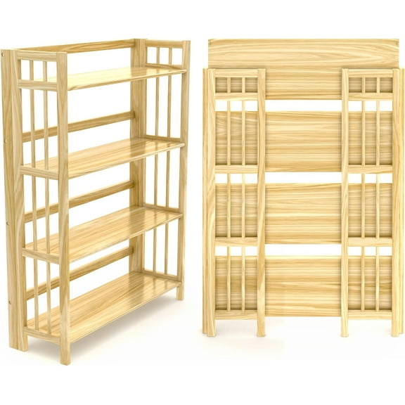 Stony Edge 4-Tier Folding Bookshelf | Natural Wood Finish | 45x32x11.5 Inches | Book Shelf for Books and Trinkets | No Assembly Required | Foldable & Small Bookshelf for Home and Office