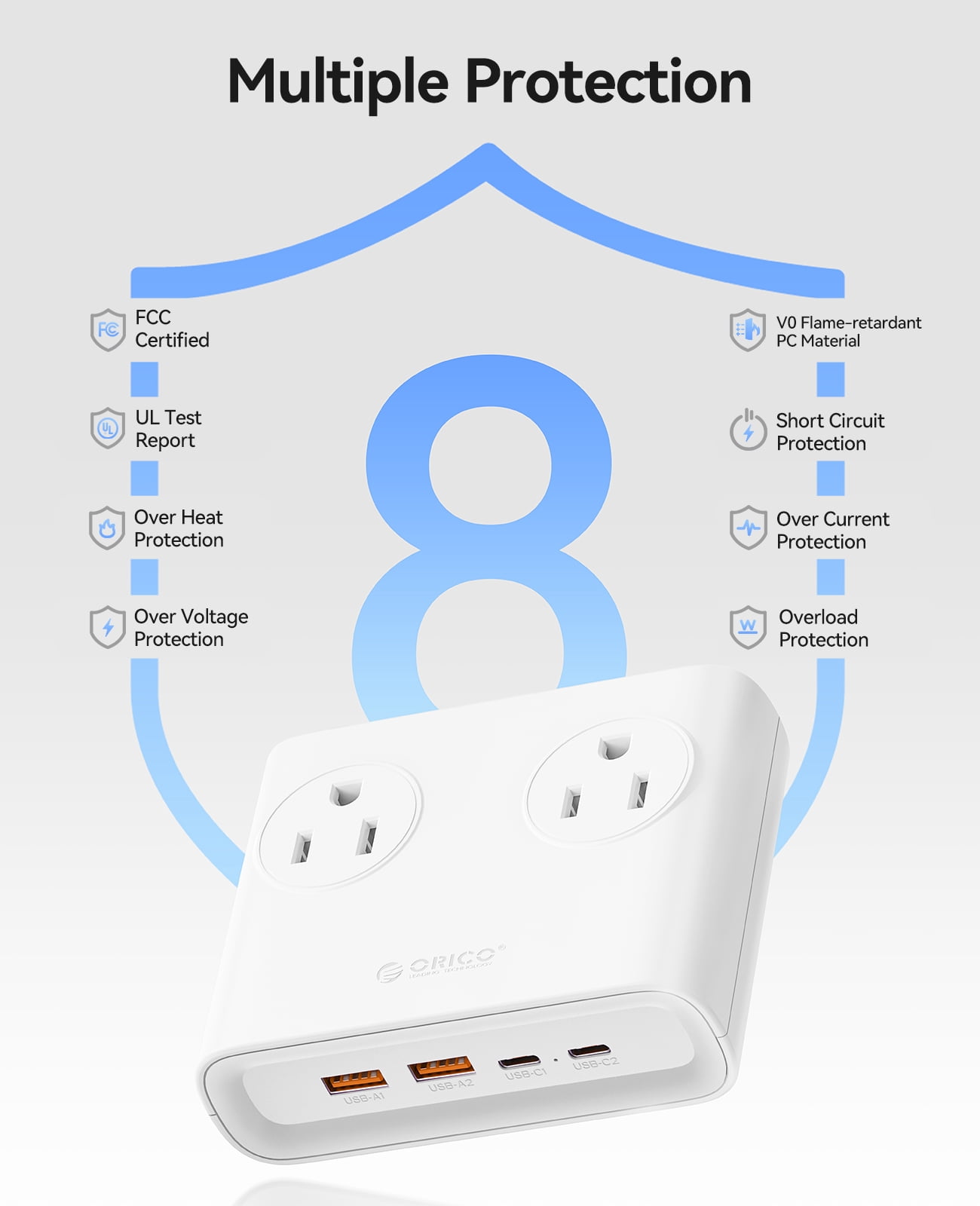ORICO 25W GaN 8-in-1 Power Strip with 4 AC Outlets & 4 USB Ports (USB-A/USB-C), 5ft Flat Plug Outlet Extender for Home Office Travel(WHITE)