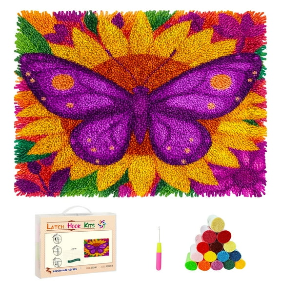 DIY Latch Hook Rug Kits Cartoon Butterfly on Yellow Sunflower Stamped Non-slip Mat Crocheting Yarn Hook and Latch Emboridery Tapestry for Home Floor Decor and Pet Warm Cushion 52x38cm(110)
