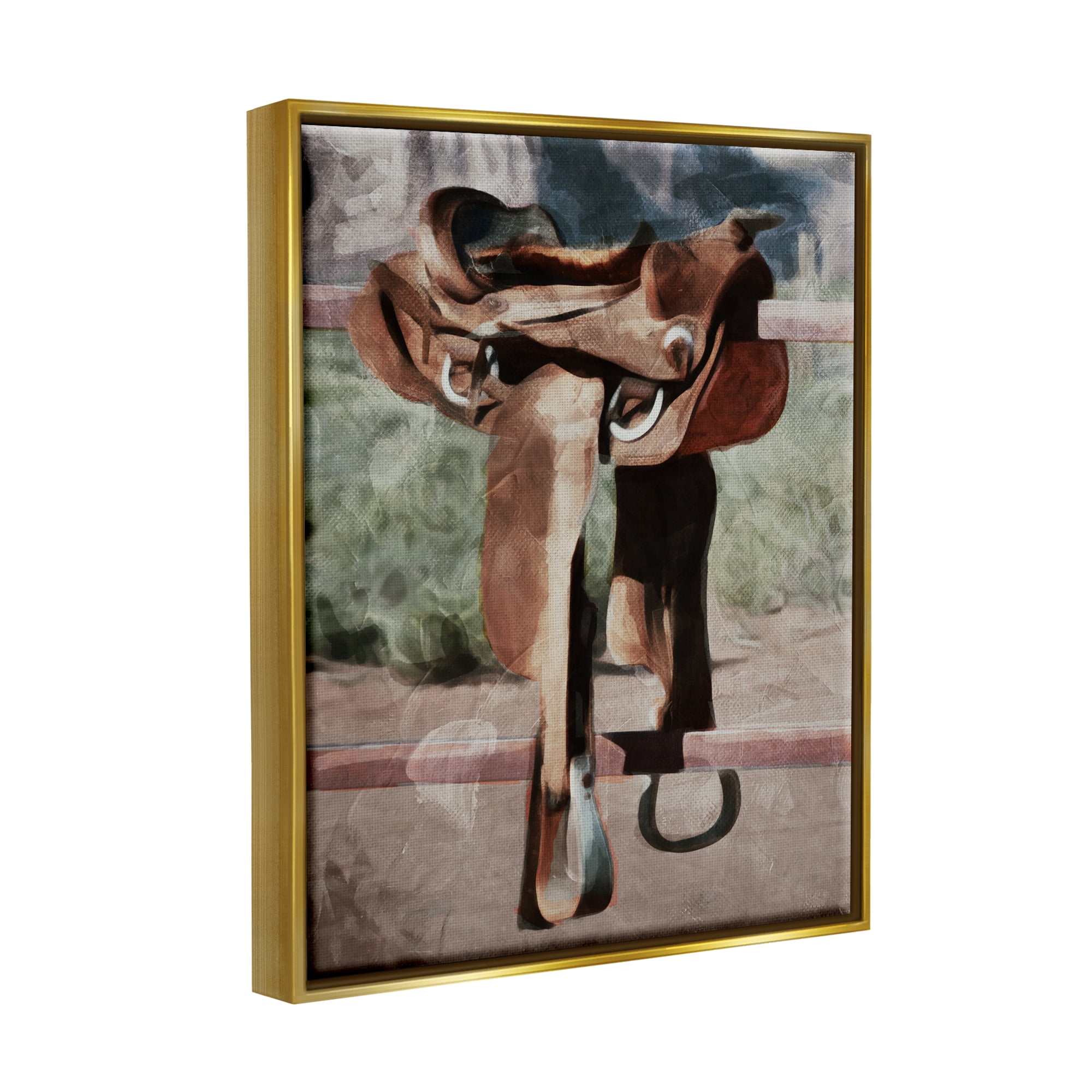 Stupell Industries Abstract Equestrian Saddle Landscape Painting Gold Floater Framed Canvas Art Print Wall Art, 17 x 21