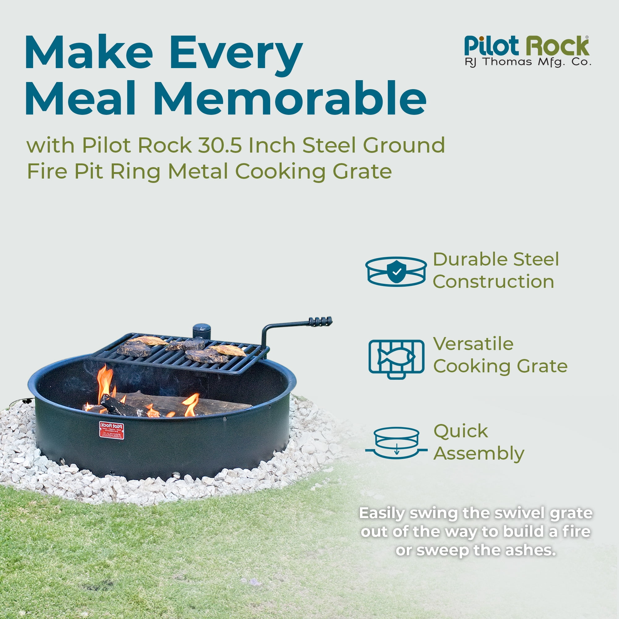 Pilot Rock 30 Inch Steel Ground Fire Pit Ring and Cooking Grate, Black