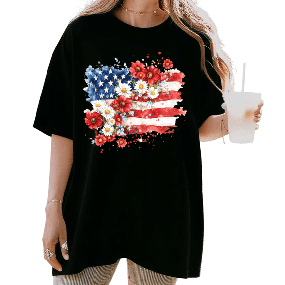 UNISHE Women's Watercolor Floral American Flag Daisy Graphic Short Sleeve T-Shirt Comfortable Crewneck Top