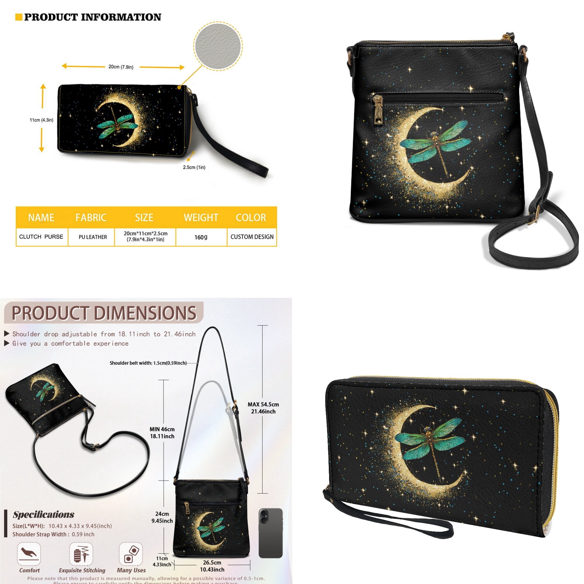 LedBack Dragonfly Moon Crossbody Satchel Purse with Wallet Set for Women Lady, Leather Hobo Bag Shoulder Bag Multi Pocket Messenger Purse with PU Wallet, Black