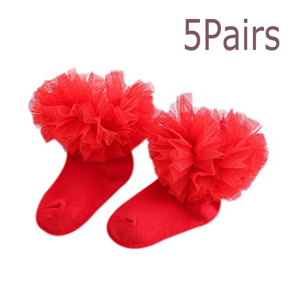 5Pairs Baby Girls Socks With Lace Ruffle Princess Cotton Sock Princess  socks,Red-L (6-8 years old)