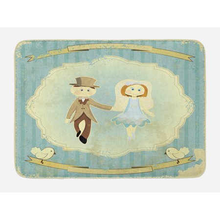 - Wedding Bath Mat, Vintage Retro Design Bride Groom Pigeons Ribbon Grunge Celebration, Non-Slip Plush Mat Bathroom Kitchen Laundry Room Decor, 29.5 X 17.5 Inches, Slate Blue Avocado Green, Ambesonne