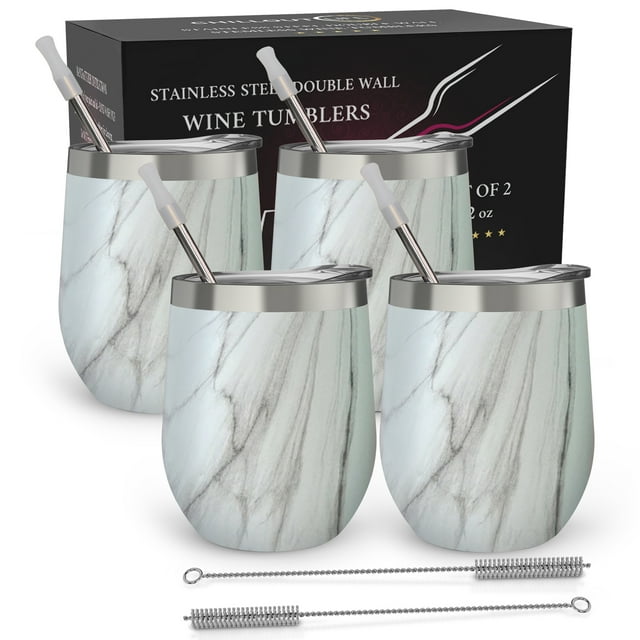 Juego de 4 vasos de vino CHILLOUT LIFE de acero inoxidable 12 oz con tapas y pajitas