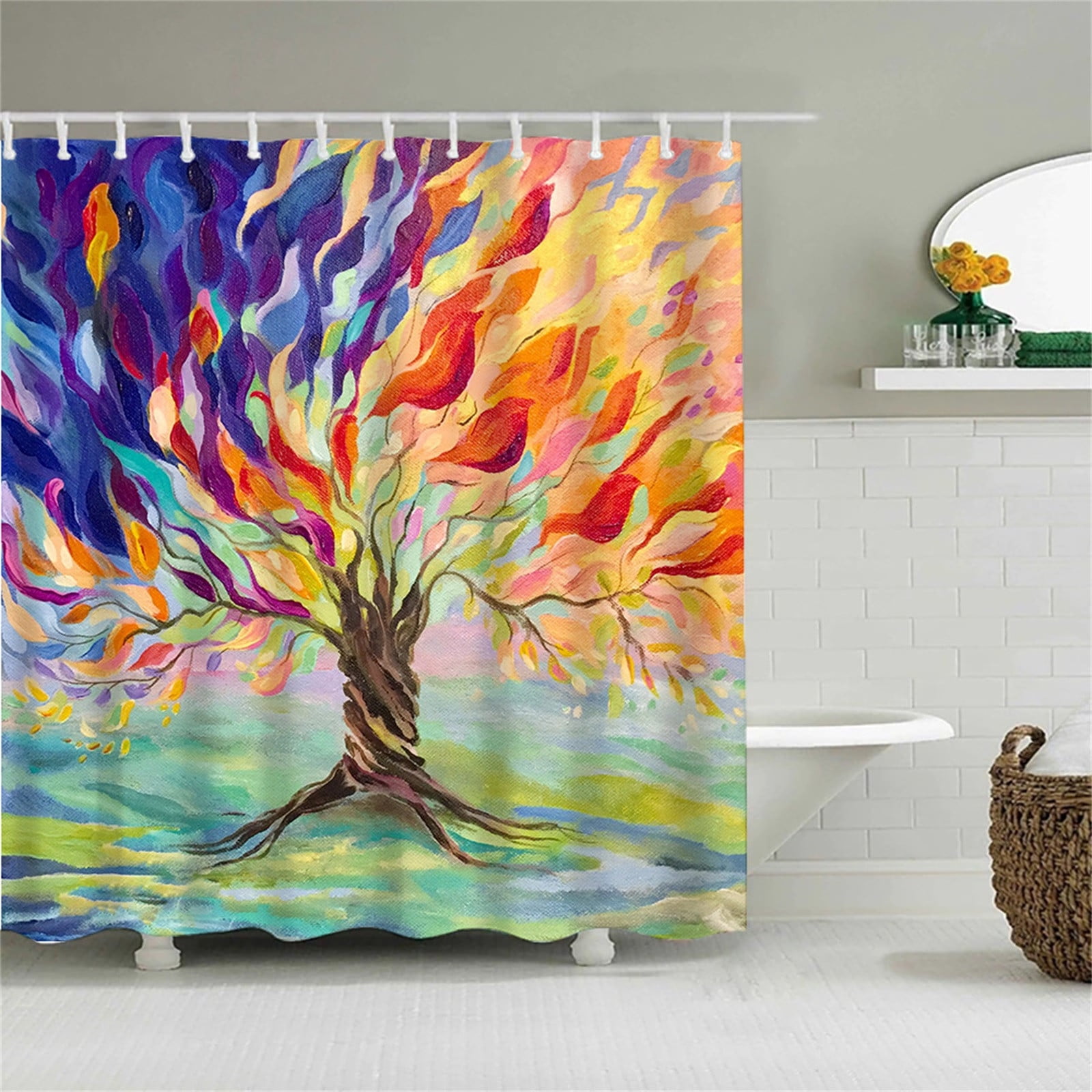 Clearance！EQWLJWE Oil Painting Tree Shower Curtain, Colored Seasons Tree Shower Curtain for