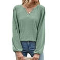 thumbnail image 4 of Hibeli Women Grommet Holes V Neck Puff Long Sleeve Solid Color Eyelet Top, 4 of 7