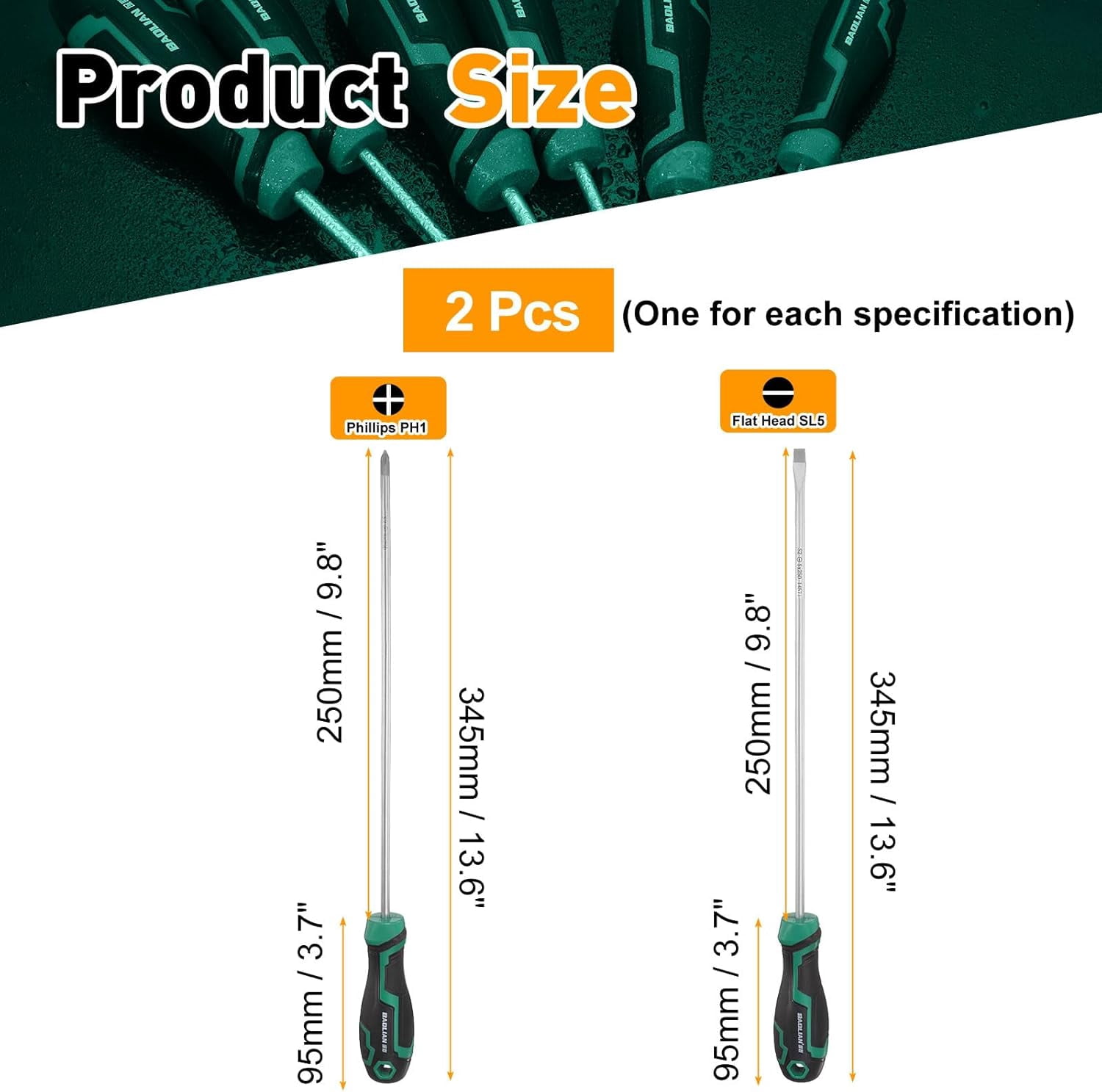 MKEUDQ-2pcs PH1+SL5 Screwdriver Set 7.7" Length S2 Steel Magnetic Phillips and Slotted Screwdrivers with Ergonomics Grip for Fastening Loosening DIY Repairing