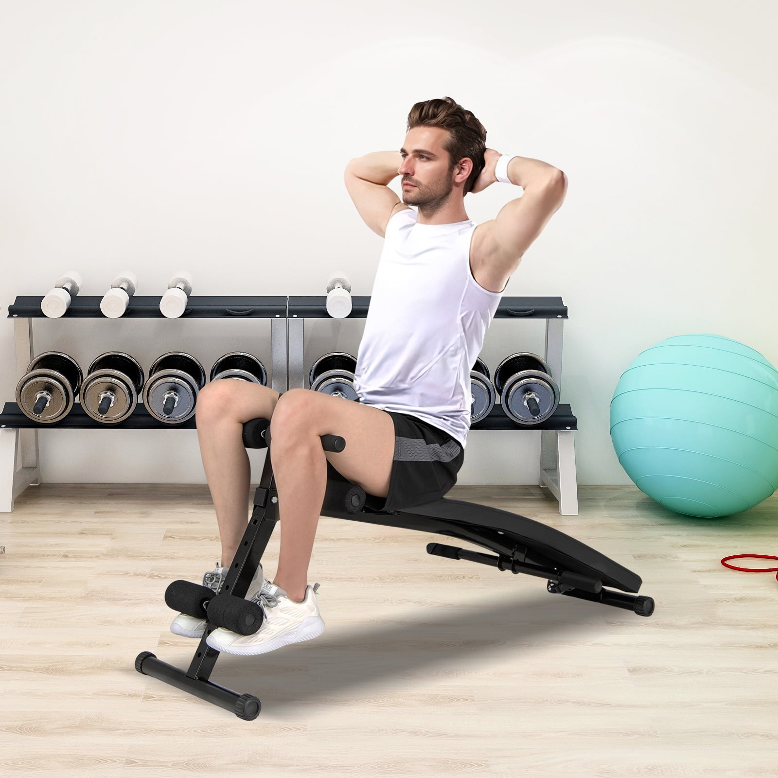 Topbuy Adjustable Decline Sit-Up Bench for Home Gym Foldable Workout Bench with Thick Seat Cushion for Full Body Exercise