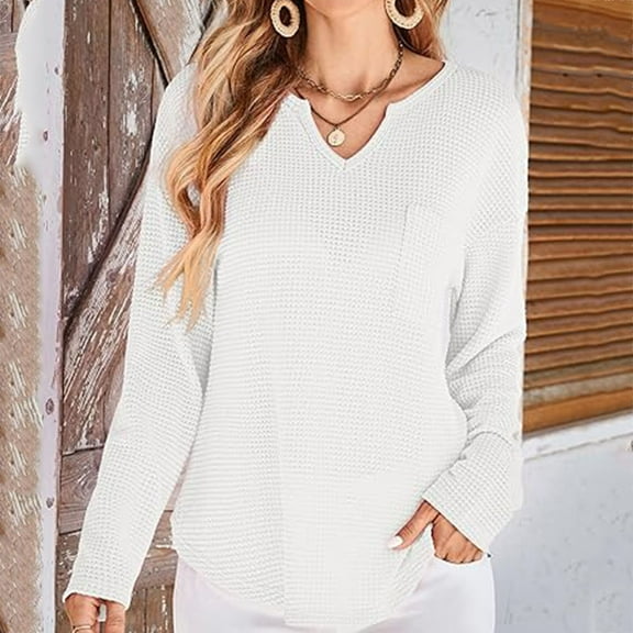 Mgmyaa Women's V-Neck Waffle Tops Casual Long Sleeve Tunic Blouse with Pocket