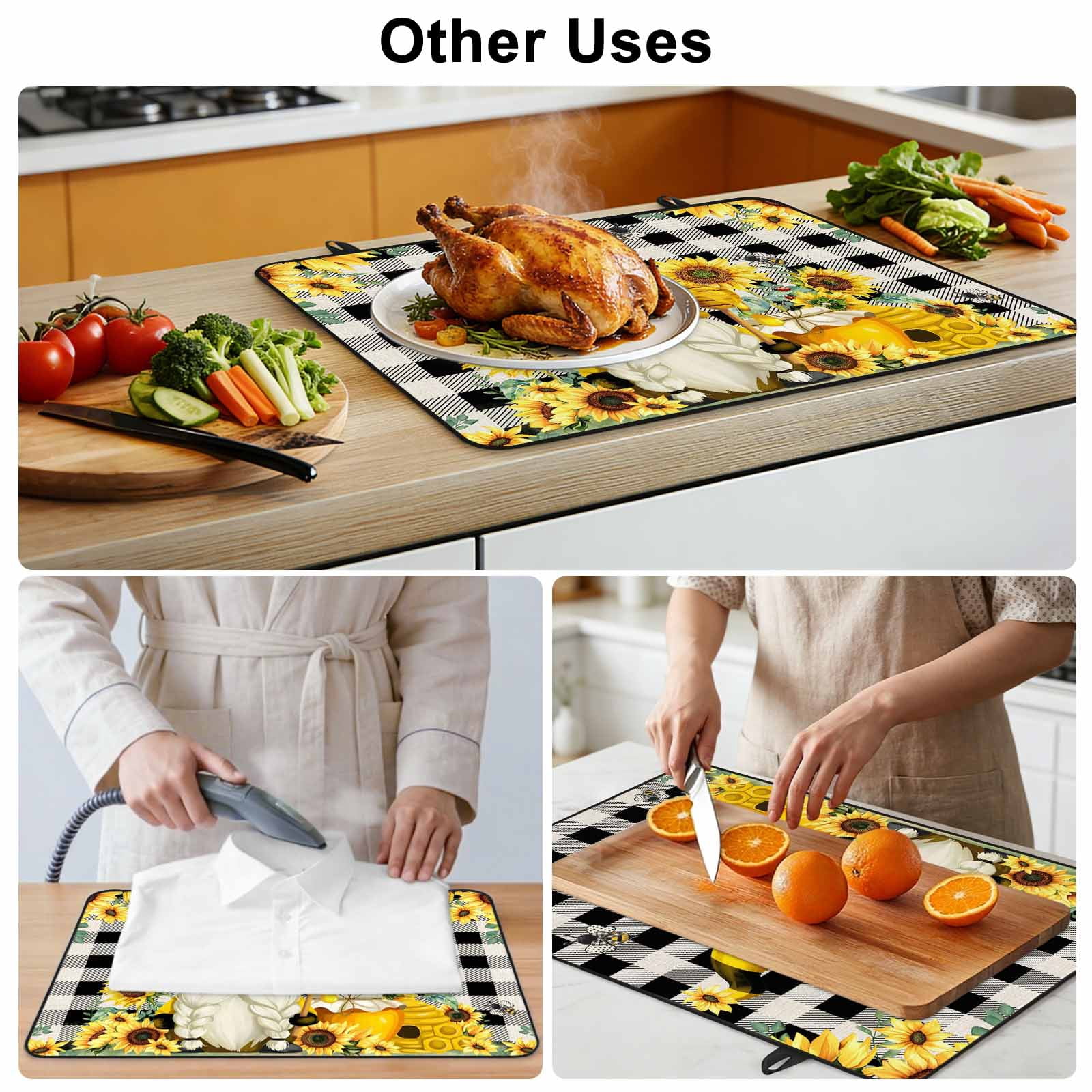 Yellow Sunflower Stove Top Cover for Electric Stove, Heat-proof & Non Slip Glass Top Stove Cover Protector, Spring Summer Bee Gnomes Black Plaid Kitchen Flat Cooktop Rubber Mat 28.5x20.5 Inches