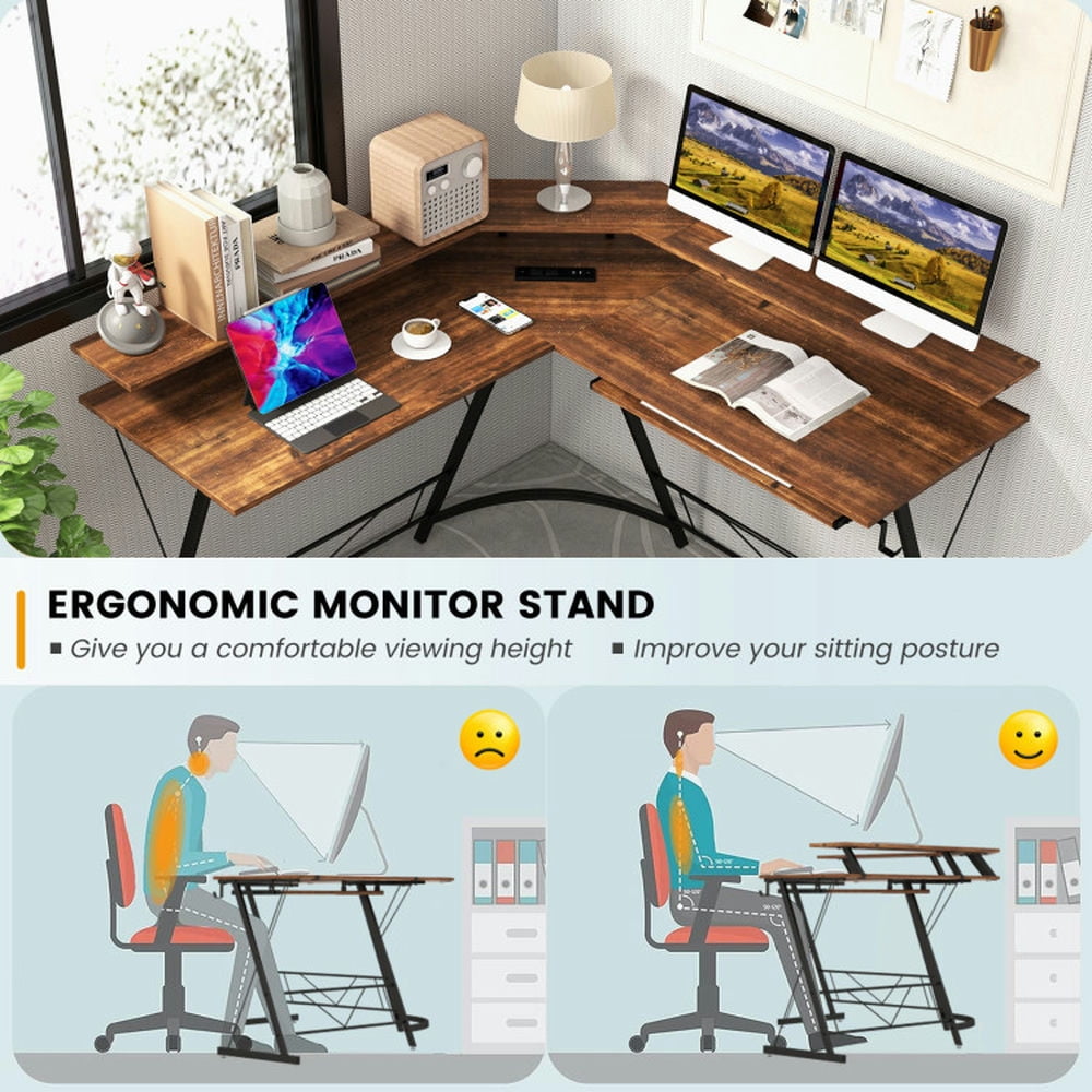 Demi Bonn L-shaped Computer Desk with Power Outlet and Monitor Stand, Small Home Office Desk Study Writing Table, Brown