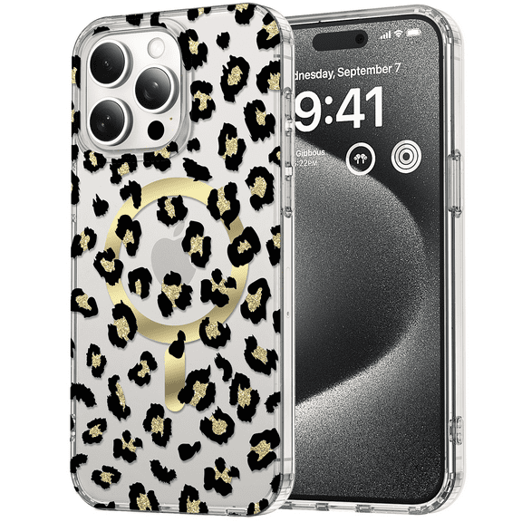 Feishell Magnetic Case For iPhone 15 Pro Luxury Leopard Cute Pattern Design Compatible with MagSafe Rubber Silicone Shockproof Case Wireless Charging for iPhone 15 Pro 6.1 inch, Black