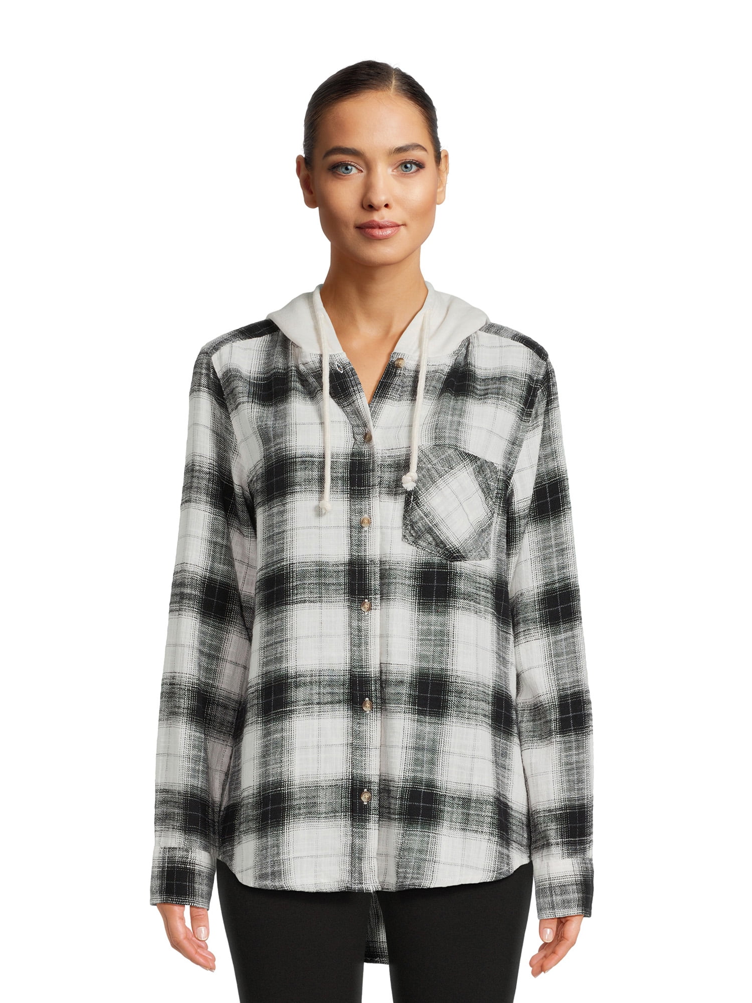 Time and Tru Women's Button Down Hooded Flannel Shirt, Sizes XS3XL