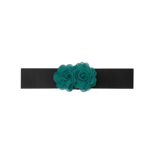 Cinturón Elástico Ancho INSPIRE CHIC para Mujeres, Corsé Estirable de Doble Flor Grande, Elegante y Casual para Vestido 68x6cm/26.8x2.4 pulgadas (LxA) Verde Teal Profundo