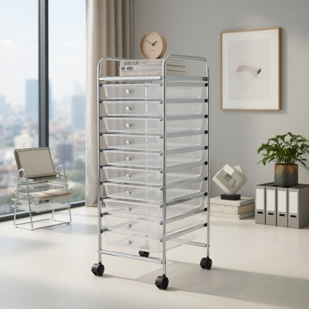 Yardi Yard 10 Drawer Rolling Storage Cart Organizer with 4 Universal Casters-Clear, Storage Cart, Multipurpose Organizer Cart for Home, Office, School