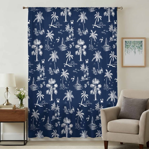 Navy Blue Tropical Plant Sheer Curtains 108" Extra Long for Living Room, Summer Coconut Trees Coastal Light Filtering Privacy Drapes, Semi Sheer Window Treatment for Floor to Ceiling Window