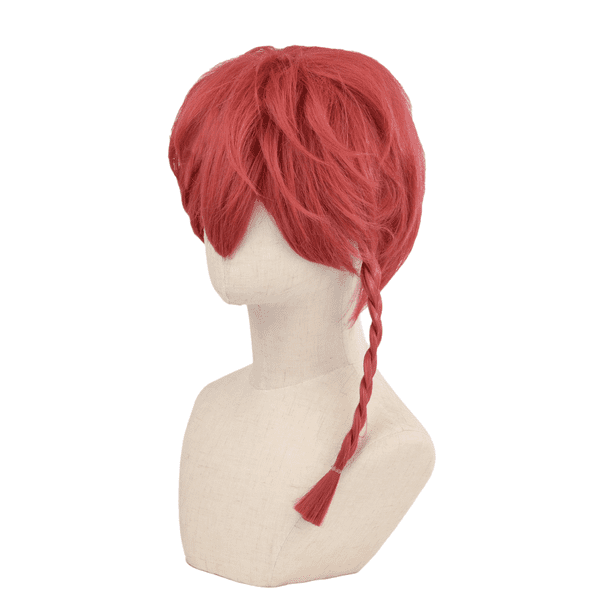 Peluca roja para cosplay, pelo corto con trenzas laterales, 35 cm, sintética