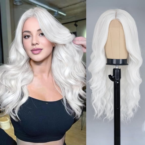 Long White Wig for Women 26 Inch Middle Part Wavy Women Charming Wigs Realistic Natural Looking Synthetic Heat Resistant Fiber Hair for Daily Party Use