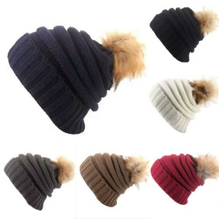 Women Winter Warm Cashmere Wool Knitted Real Fur Pom Ball Beanie