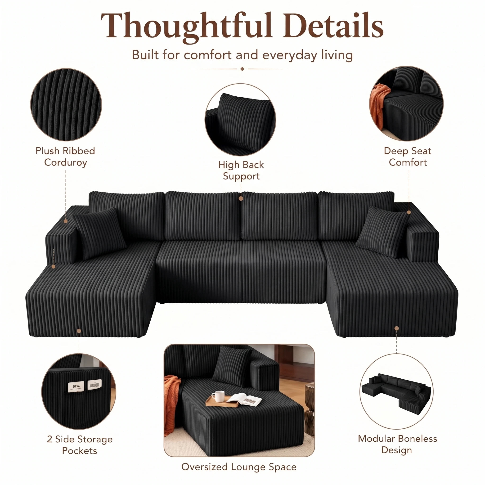 AISWORD 132" U Shaped Modular Sectional Sofa, Comfy Cloud Boneless Sofa with Chaise and Side Pockets, Memory Foam Sleeper Sofa for Living Room, Black