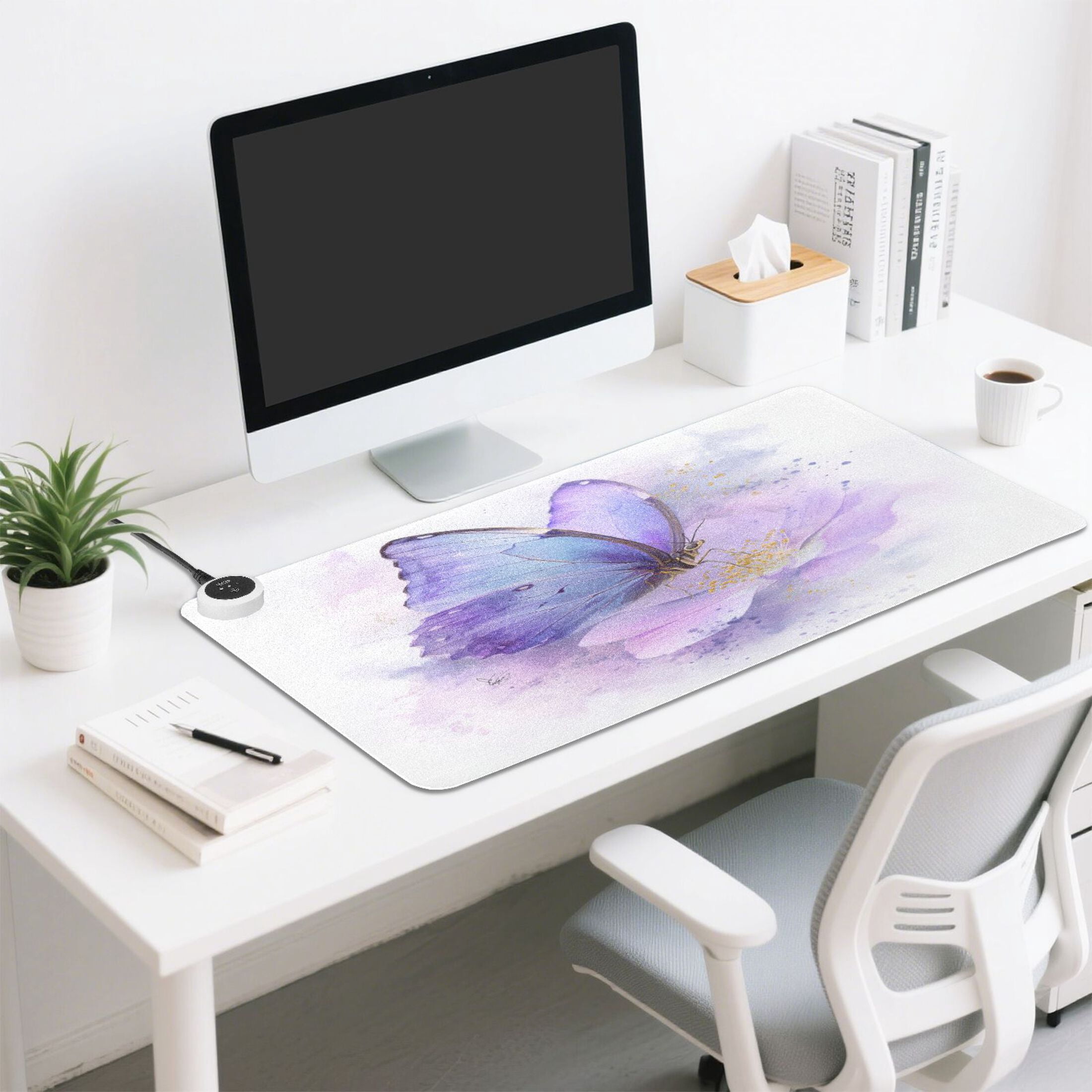 Large Heated Desk Mat Mouse Pad 31.5"x13"PU Leather Graphene Heating Desk Warmer with 3 Temperature Settings 110V US Plug Non-Slip Warm Pad for Home, Office, and Gaming Lavender Dream Of The Morpho