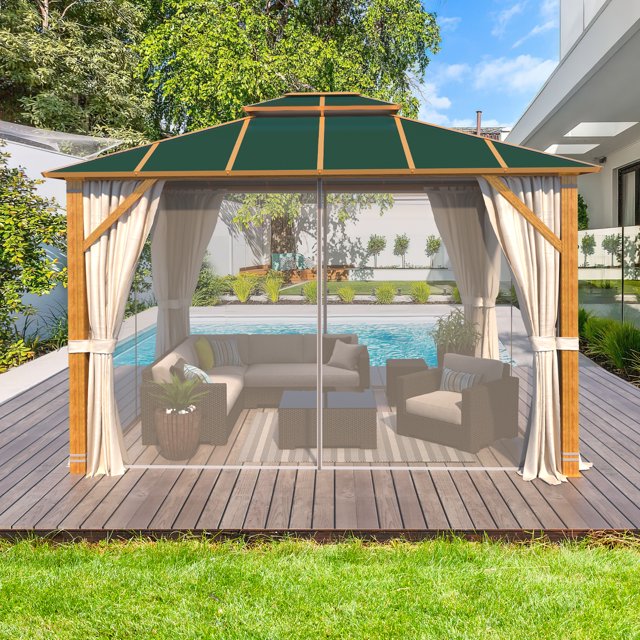 Yoleny Hardtop Gazebo 10' x 12' Wooden Finish Coated Aluminum Frame