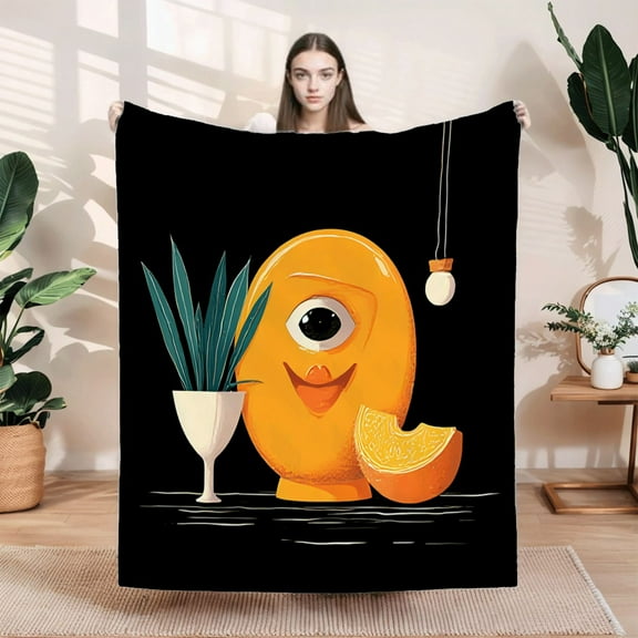 Cozy Cartoon Orange Character Flannel Blanket - Soft Warm Durable Design for Sofa Travel Bed & Chair - Whimsical & Fun