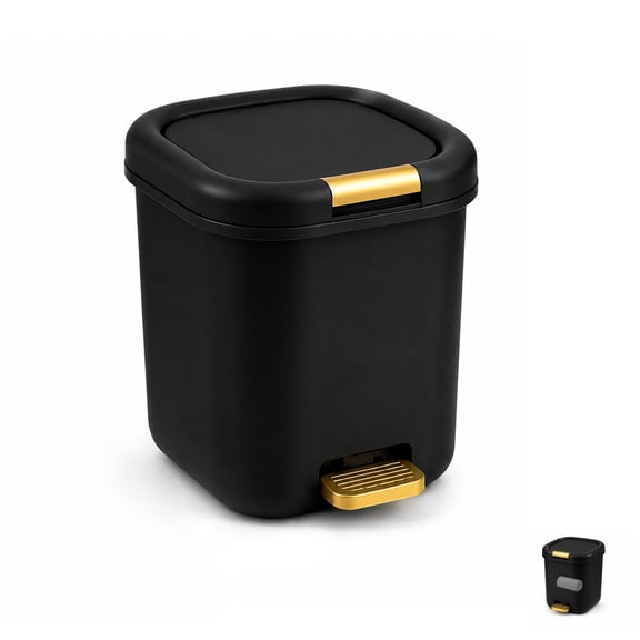 Black and Gold Plastic Step-On Trash Can with Lid, Trash Can with Step Pedal, Round Waterproof Waste Bin for Bathroom and Kitchen