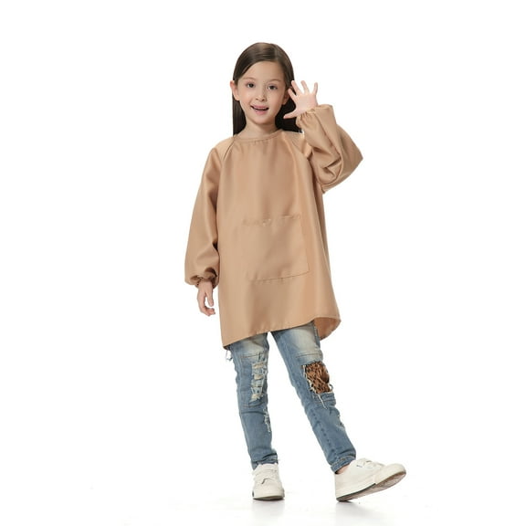 Toptie Cotton Kids Smock Apron for Hair Grooming Painting Cooking with Front Pocket & Long Sleeve, for Age 1-9 years-Khaki-M