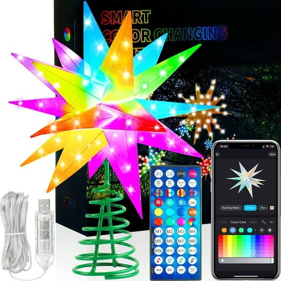 Inadays Christmas Star Tree Topper, 10 Inch Smart Moravian Star Light Christmas Tree Decorations, Bluetooth App Control Music Sync Color Changing LED Christmas Light with Remote