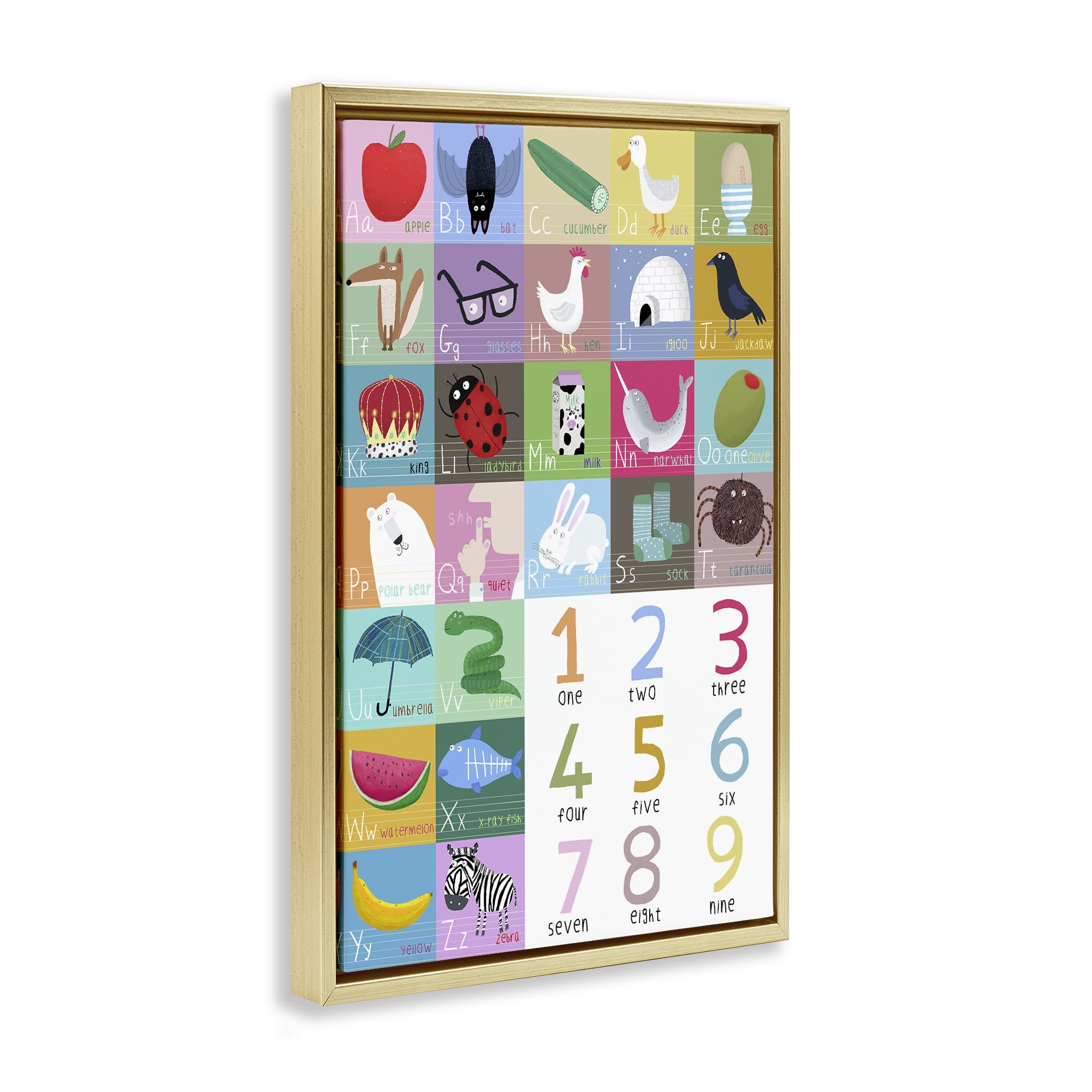 Stupell Industries Counting & Alphabet Learning Gold Framed Floater Canvas Wall Art, design by Carla Daly